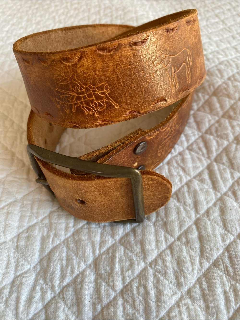 VTG Tooled Horse Wagon Brown Leather Western Belt Mexico Men’s 30” Cowboy Rodeo